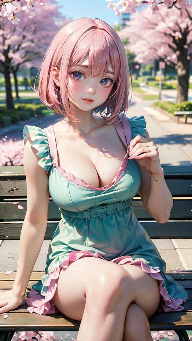 ((Highest quality, 8k, masterpiece :1.3)), (Sharp focus :1.2, Beautiful woman with perfect figure :1.4, Slim Abs), ((Big Breasts, Emphasize cleavage:1.2)), (Photorealistic:1.4), (realistic:1.4), (Pink Hair:1.5), Highly detailed face and skin texture, Fine grain, double eyelid. Makeup face, A little bit of lipstick, sex appeal, Sexy gravure pose, ((She was wearing a green and pink frilly dress、A high school girl with a bob cut、Smiling sexily while crossing her legs on a park bench。In the background, cherry blossoms in full bloom are swaying in the wind.。She is holding a small white handbag in her hand.。:1.3)