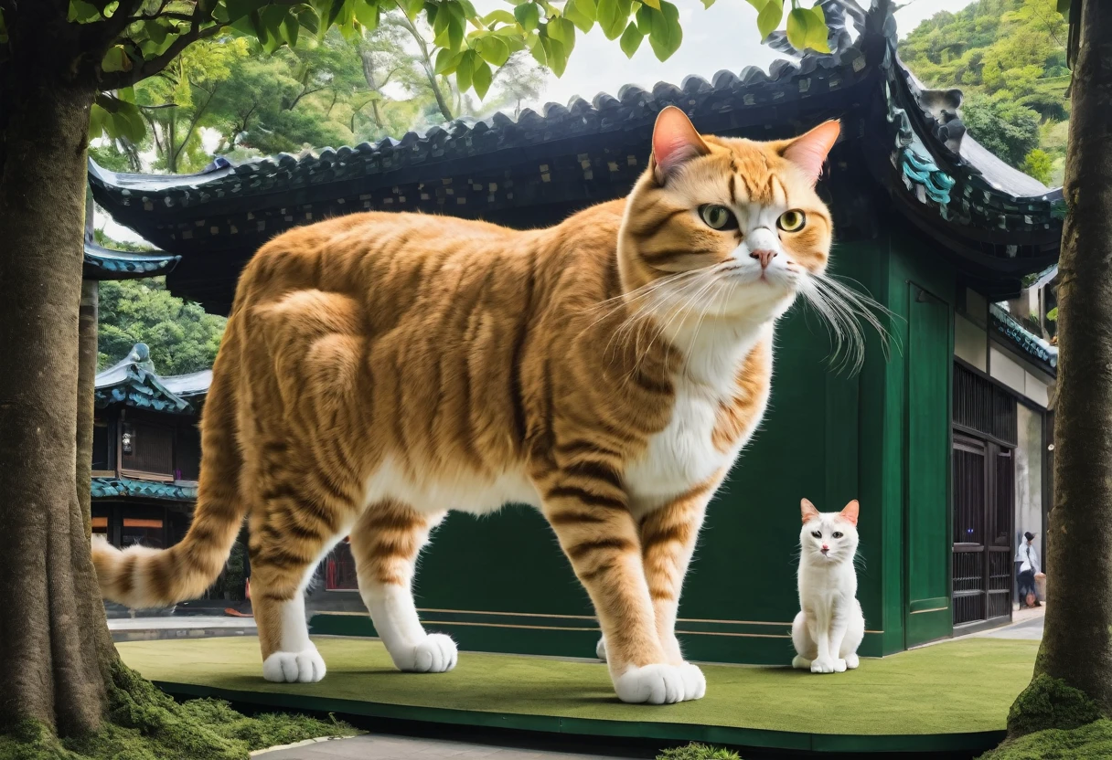 (Giant looking cat), A composition in which a giant cat blends in as part of the diorama。The cat's fur and body parts look like they're part of a diorama.、It gives a sense of unity。Gives the whole piece a fantastical and dreamy feel。