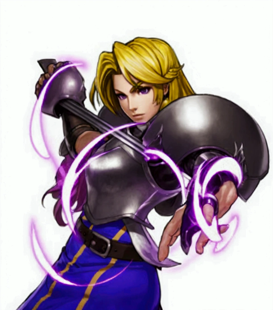 a close up of a person holding a sword and a purple light, fighting game character, unknown, natalie from epic battle fantasy, final fantasy tactics character, official character art, portrait knights of zodiac girl, knights of zodiac girl, sigma female, leaked image, dio brando, character from king of fighters, inspired by Li Chevalier, as a character in tekken