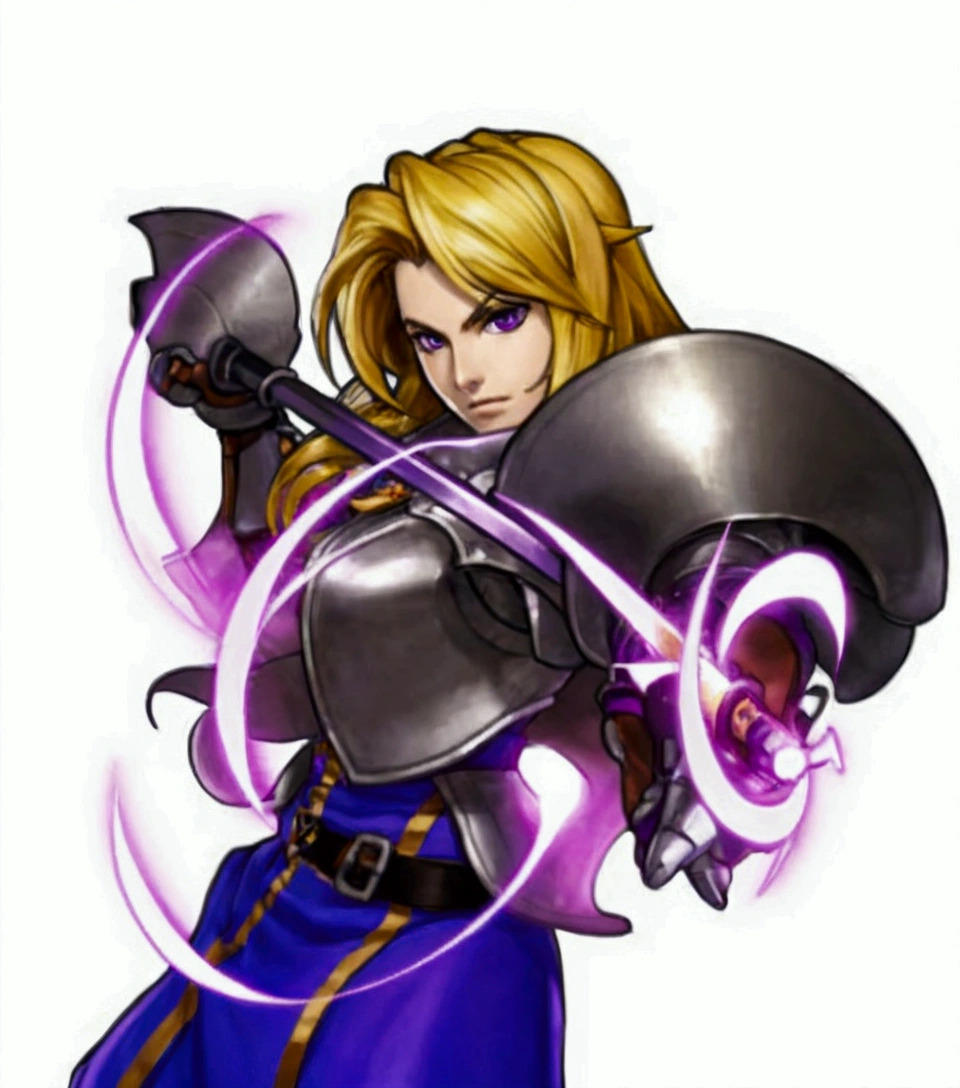 a close up of a person holding a sword and a purple light, fighting game character, unknown, natalie from epic battle fantasy, final fantasy tactics character, official character art, portrait knights of zodiac girl, knights of zodiac girl, sigma female, leaked image, dio brando, character from king of fighters, inspired by Li Chevalier, as a character in tekken