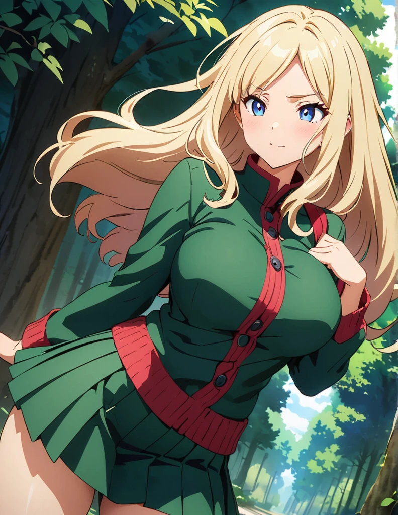 (anime artwork, anime style, studio anime, very detailed, up to date, vibrant, Anime Coloring, high contrast, masterpiece:1.2, best quality, best aesthetics),2 girl,hug from behind,army suit, pleated skirt, Medium chest, A glimpse of thighs,random hair, One eye is hidden by the bangs, perfect proportions, high detail skin, Cute, detailed faces,forest, precise fingers,panty shot ,catfight battle,curvy, large breasts,