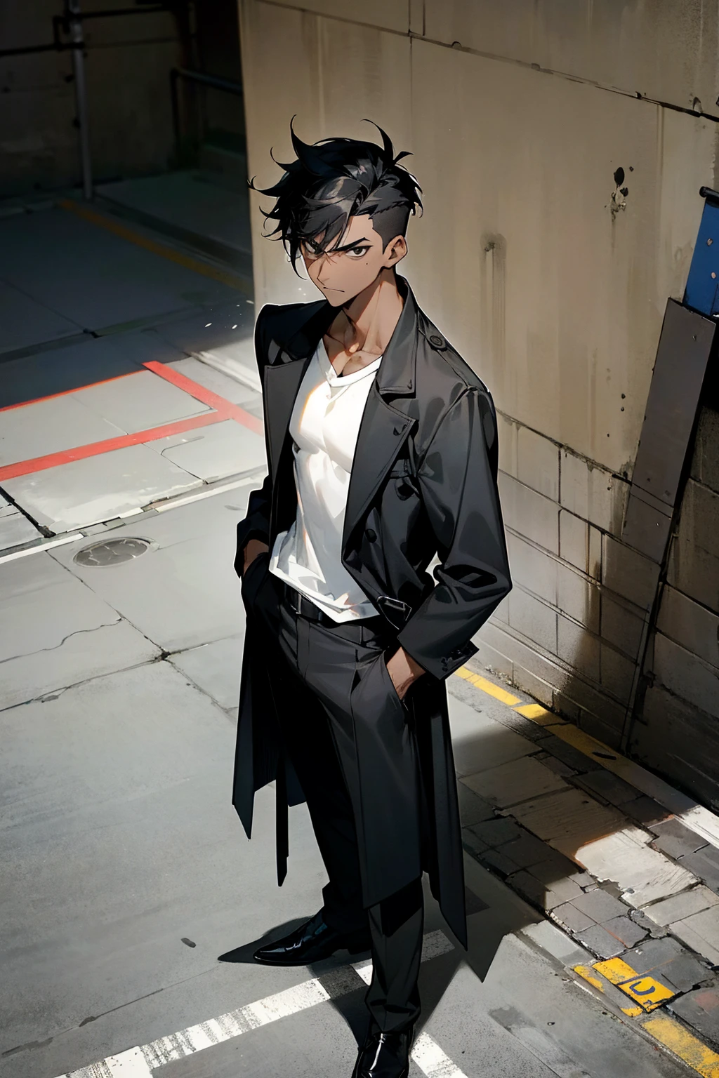 1male , Undercut Hair , Messy Hair , Goatee , Black Hair , Black Eyes , Dark Skin , Adult Male , Serious Expression , Standing on sidewalk , Black Compression T-Shirt , Black Trenchcoat