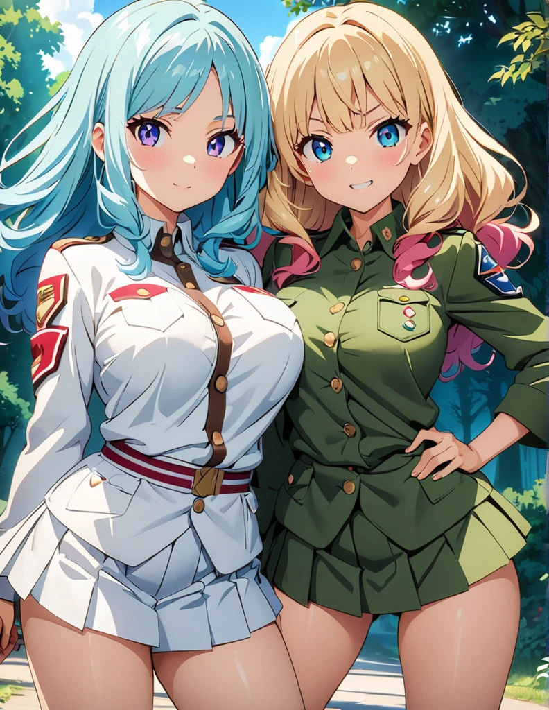 (anime artwork, anime style, studio anime, very detailed, up to date, vibrant, Anime Coloring, high contrast, masterpiece:1.2, best quality, best aesthetics),2 girl,hug from behind,army suit, pleated skirt, Medium chest, A glimpse of thighs,random hair, One eye is hidden by the bangs, perfect proportions, high detail skin, Cute, detailed faces,forest, precise fingers,panty shot ,catfight battle,curvy, large breasts,