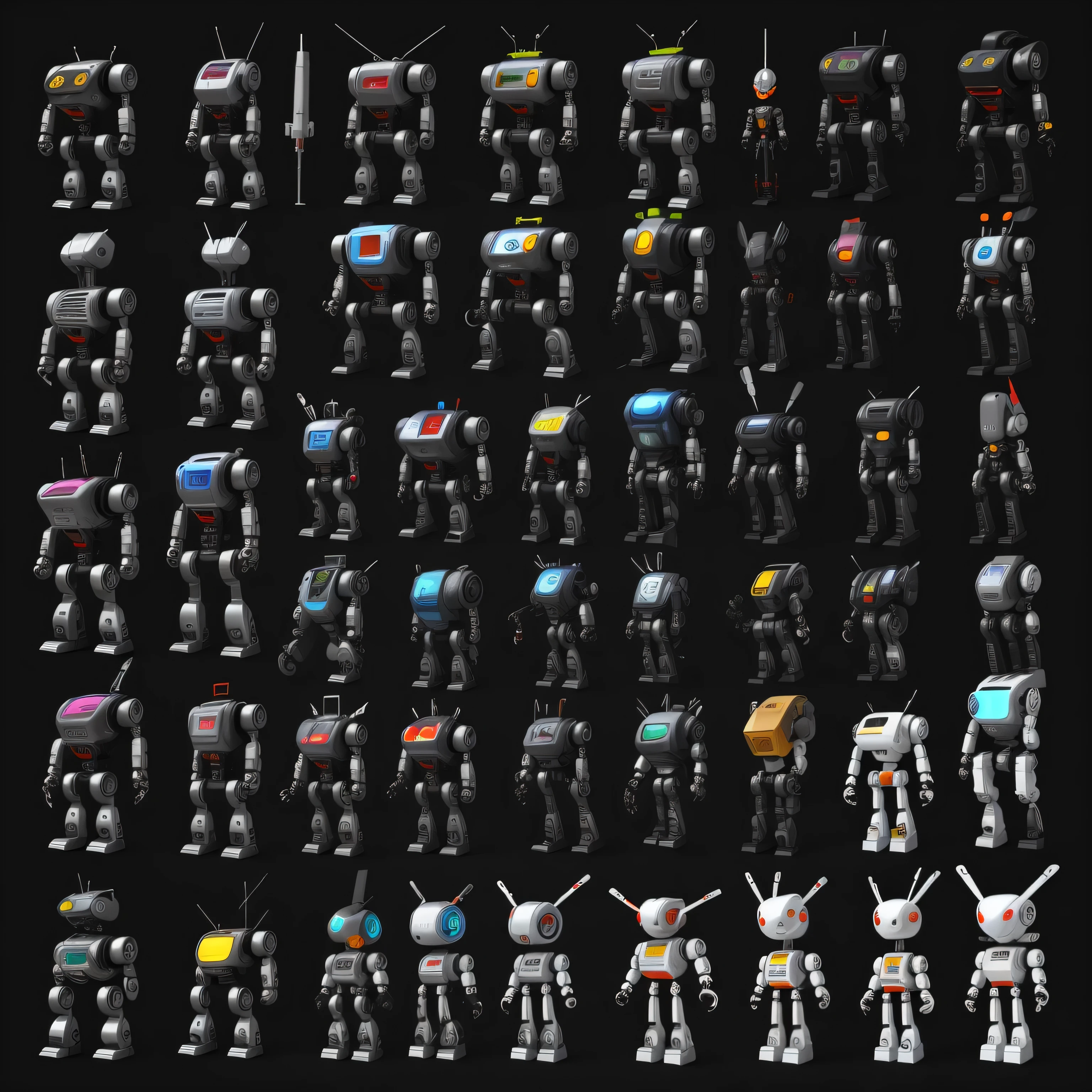 cute cartoon style 1robot with MANY type robot with variation props, 1angle 1side, geometrical, high detail, best quality, simple dark background