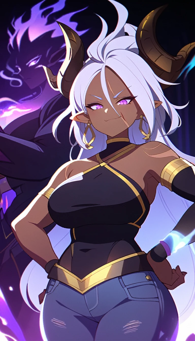 Dark-skinned woman, chubby, large face scar, large dragon horns on head, short puffy Android 21 silver hair, violet eyes, long pointy ears, black scales on body, gold jewelry, playful and cool attitude, small smirk, white cropped halter top, dark blue jeans, hand on hip, dark background, swirling purple fire aura, detailed facial features, dynamic lighting, vibrant colors, fantasy character