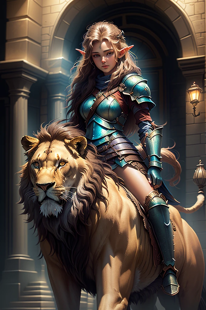 Masterpiece, Best quality, Ultra-detailed, illustration, epic lighting, Cinematic composition, isometry,. fantasy, a elf paladin girl riding large long mane lion. oil painting