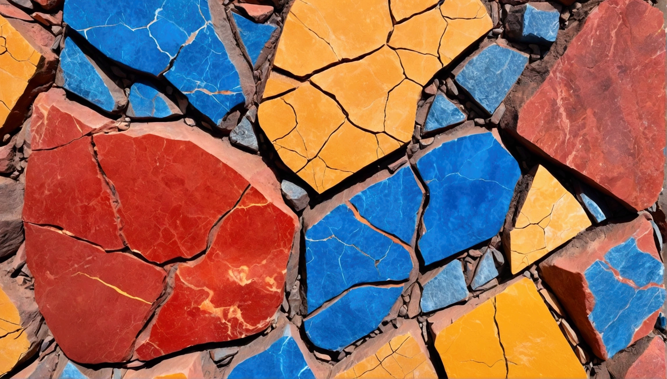 High resolution image showing an abstract background of vibrant red cracked stone, yellow, and blue color, Capture your audience's attention、Create visually striking and dynamic compositions