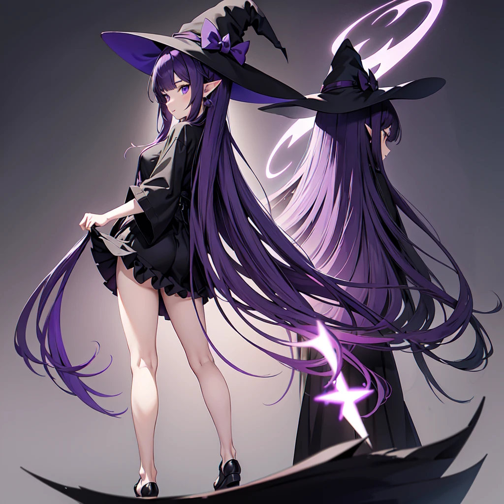 Anime girl with long purple hair and black robe. Witch hat. Pointy ears. Cute as a cartoon. Back view. Full body facing backwards. The whole body is visible. Skirt is short.