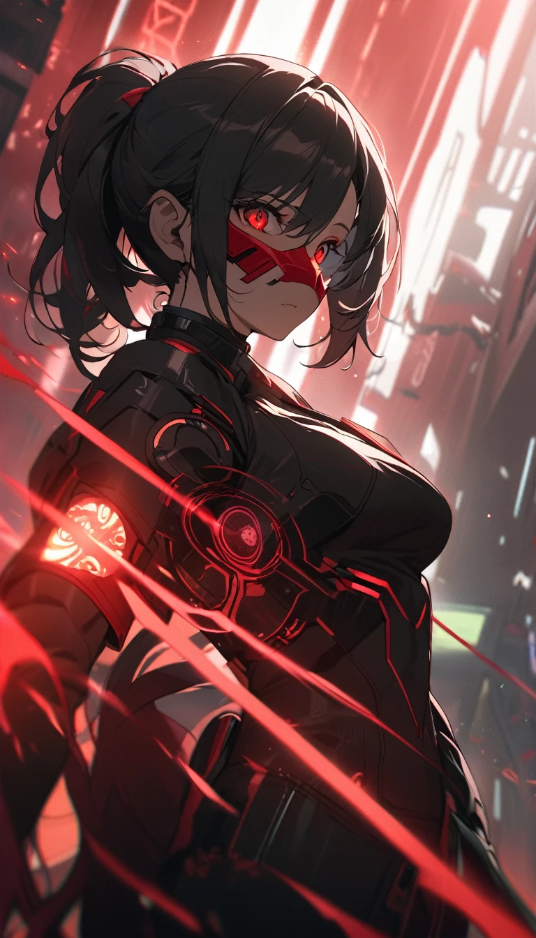 A woman,matured, perfect anatomy,wearing a full face cyberpunk mask,long pony tail hair(black hair),red aura,red magic circle,long demon blade with eyes on it, cinematic lighting, cinematic angle,