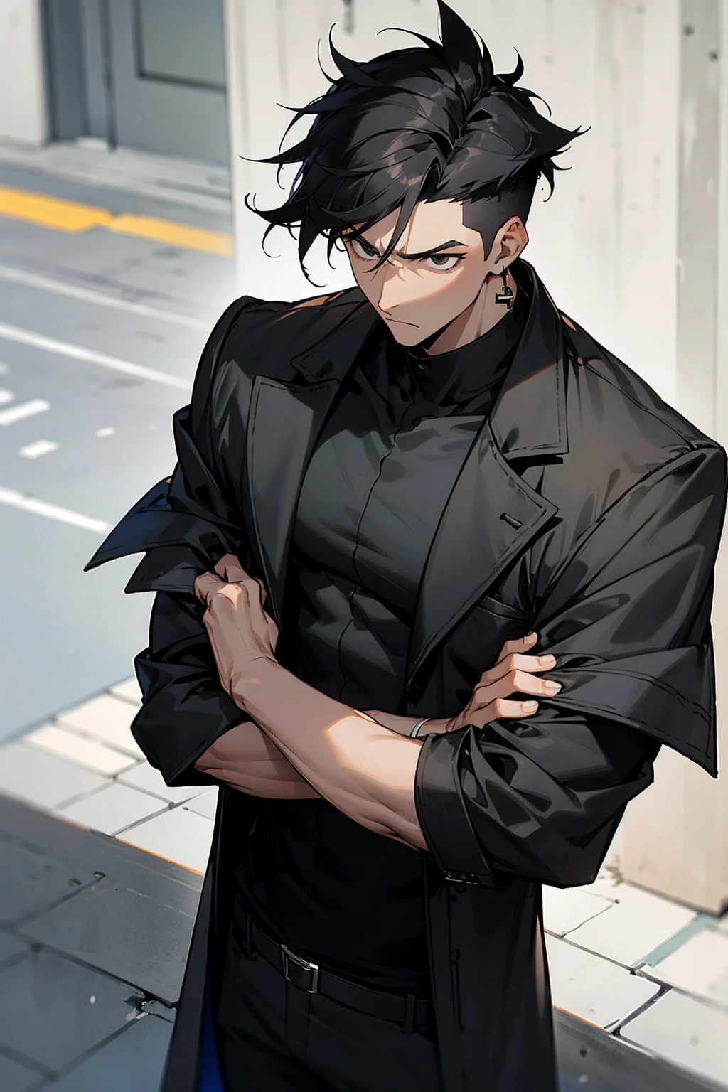 1male , Undercut Hair , Messy Hair , Goatee , Black Hair , Black Eyes , Dark Skin , Adult Male , Serious Expression , Standing on sidewalk , Black Compression T-Shirt , Black Trenchcoat