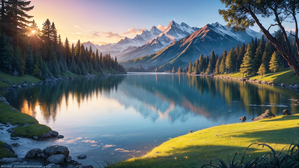 This photo depicts a peaceful landscape with the sun rising or setting near the horizon, radiates warm light. There is a calm body of water that reflects the sky and sun, surrounded by land with gentle slopes. On one side of the water body are snow-capped hills or mountains, while on the other side is green grass terrain that looks like a beach or riverbank. The calmness of the water and soft lighting create a peaceful atmosphere.