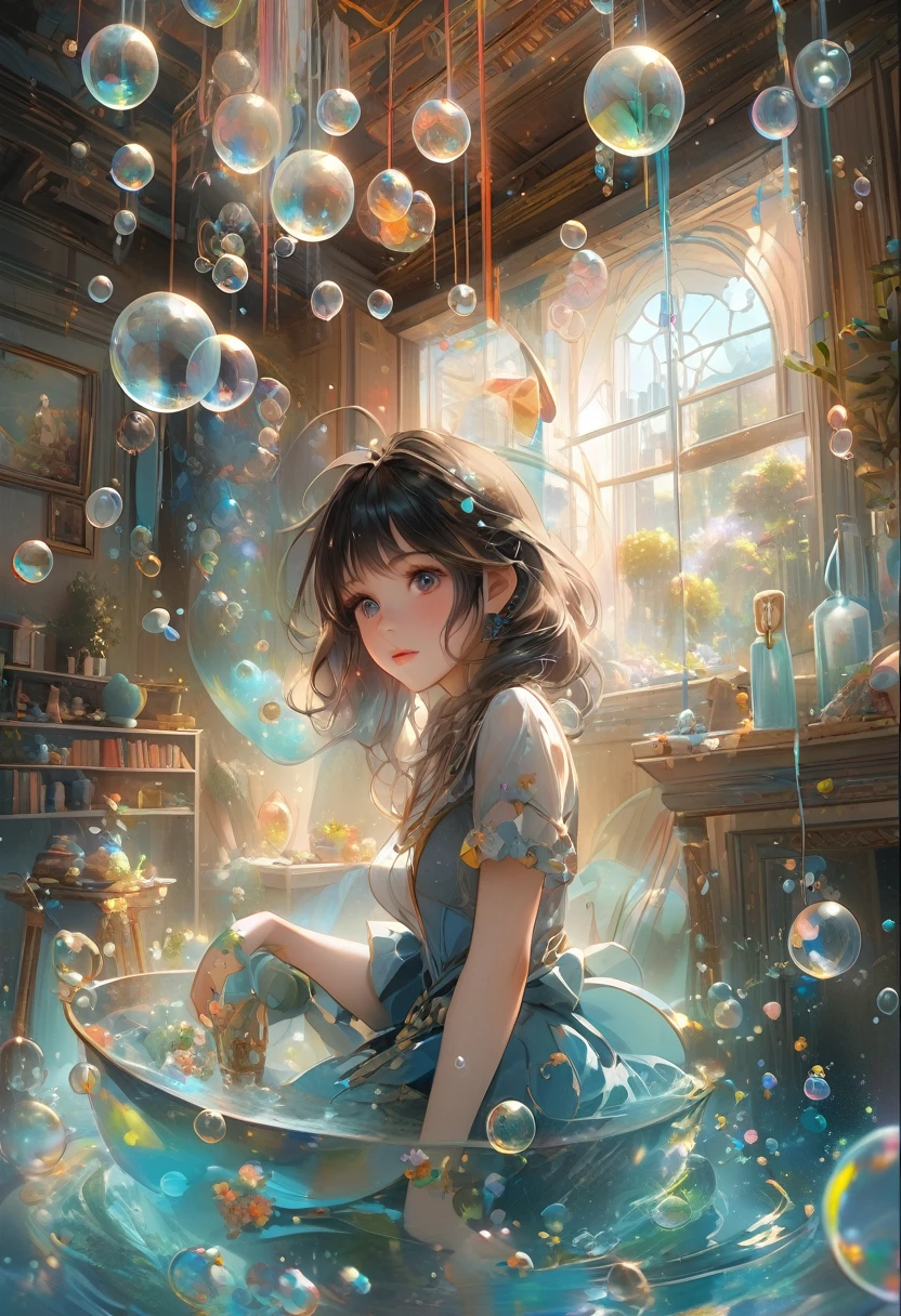 An anime girl in a blue dress、Sitting in a room with bubbles floating around, Anime fantasy illustration, Fantasy art style, artstation pixivでトレンド, Gweiz-style artwork, Beautiful artwork illustration, Anime fantasy artwork, A close-up fantasy using the magic of water, Artgerm Julie Bell Beeple, guweiz on pixiv artstation