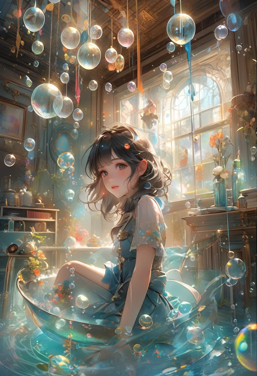 An anime girl in a blue dress、Sitting in a room with bubbles floating around, Anime fantasy illustration, Fantasy art style, artstation pixivでトレンド, Gweiz-style artwork, Beautiful artwork illustration, Anime fantasy artwork, A close-up fantasy using the magic of water, Artgerm Julie Bell Beeple, guweiz on pixiv artstation