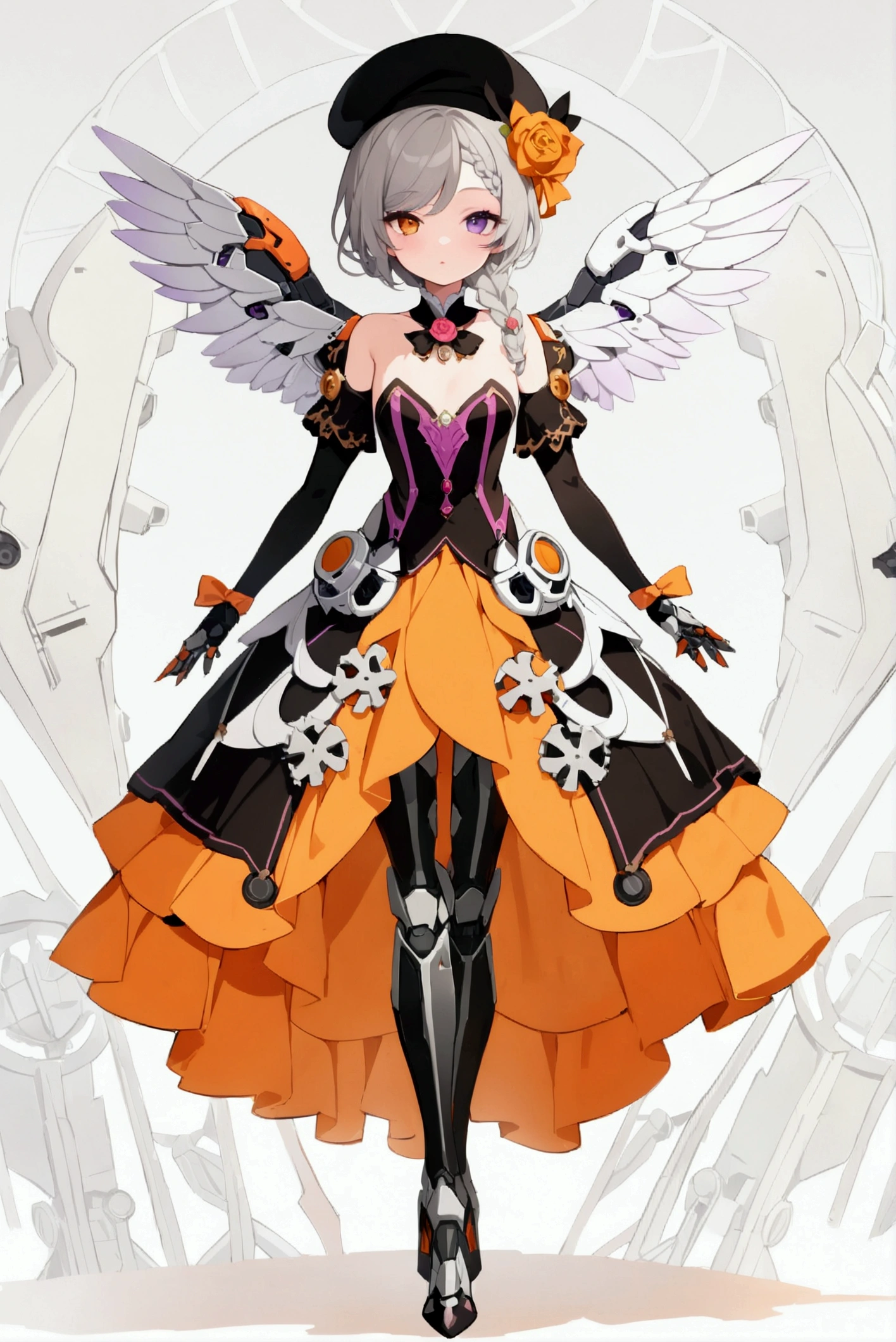 woman 160 cm tall, slim build, , charming look, ((heterocromia: look like, derecho naranja y look like izquierdo violeta)), (Shoulder Length Wavy Gray Hair, She has a medium braid on the left side of her hair., big open bangs, has a gear hairpin on the right side of the hair), (((complex mechanical legs up to the hip, The legs are black with gray parts with small pink details))), (((complex mechanical arms up to the elbows, The arms are black with gray parts with small pink details))), (complex mechanical angel wings of white color with dark gray parts), (elegant black French beret with an orange rose ribbon), (elegant thigh-length one-piece dress, short bell skirt, short sleeves, elegant black hip belt with orange parts, small rose brooch in the middle of the chest, beautiful stiletto heels with a medium ribbon at the back, blue and black ribbon decorations on the dress, small gears on the skirt of the dress), (((character design sheet: Front view))), ((full body)), extremely detailed beautiful hair, beautiful detailed dress, extremely detailed arms, extremely detailed face, (Extremely detailed hands), perfect hands, small face, hermosos look likes detallados, beautiful detailed lips, adorable, extremely detailed legs, (Best Quality, 8k, Ultra resolution), ultra detailed, Exquisite and epic character art, ((White background)), (Focus on symmetry).