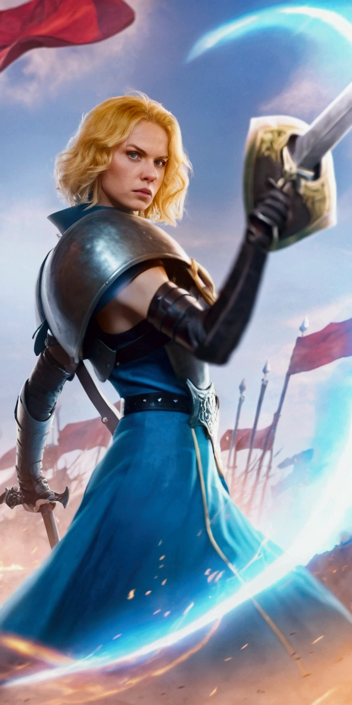 Close-up view of a blonde woman holding a sword on the battlefield, blue dress with belt and armor