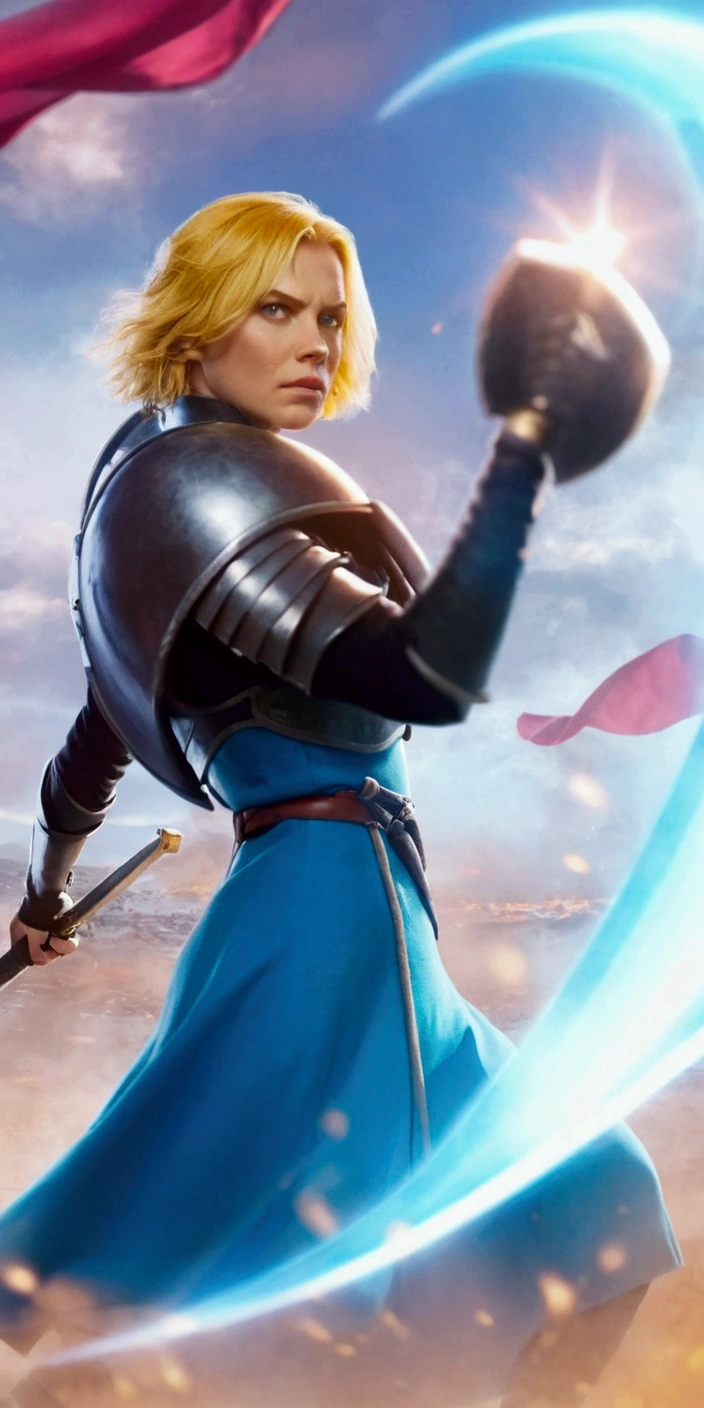Close-up view of a blonde woman holding a sword on the battlefield, blue dress with belt and armor