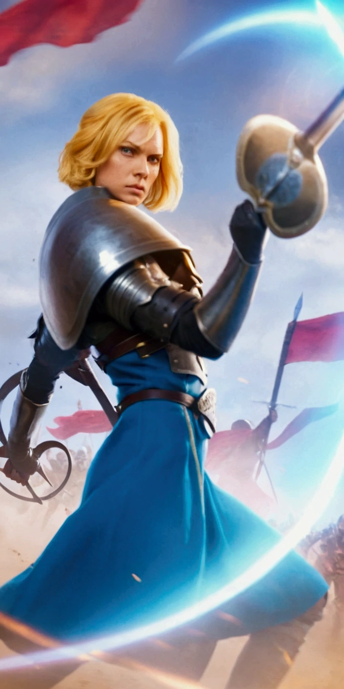 Close-up view of a blonde woman holding a sword on the battlefield, blue dress with belt and armor