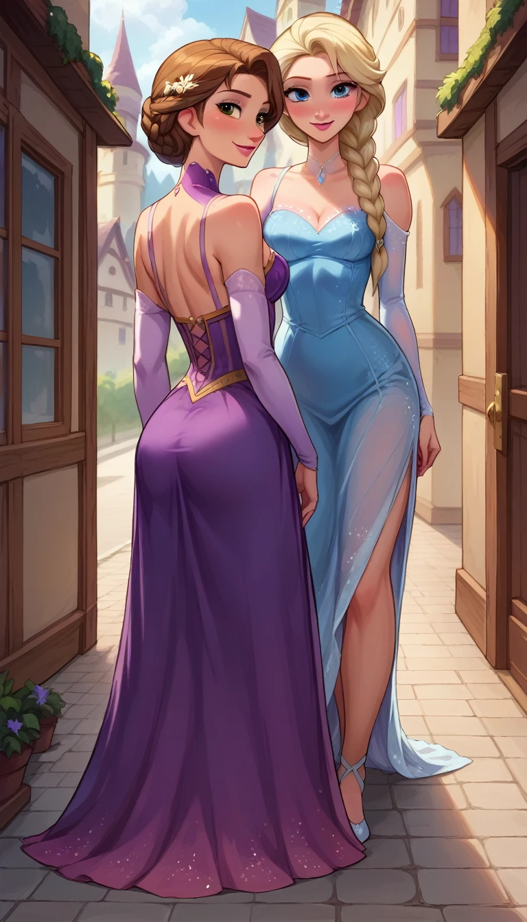 Score_9, score_8_up, score_7_up, rating_safe, source_comic, detailed soft lighting, 2girls, BREAK, Elsa from Frozen, (blonde hair, braid, ice blue dress:1.3), BREAK, Rapunzel from Tangled, (short brown hair, purple dress:1.5), BREAK yuri, girlfriends, on a romantic date, walking through town, smile, beautiful eyes, open eyes, (masterpiece, best quality, highly detailed, beautiful), SFW.