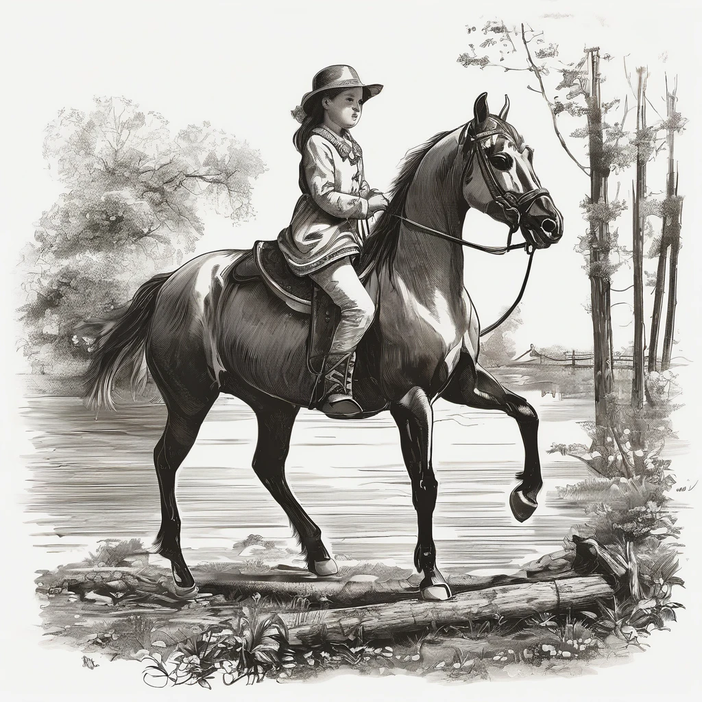 young girl riding a stick with a horse's head on the end