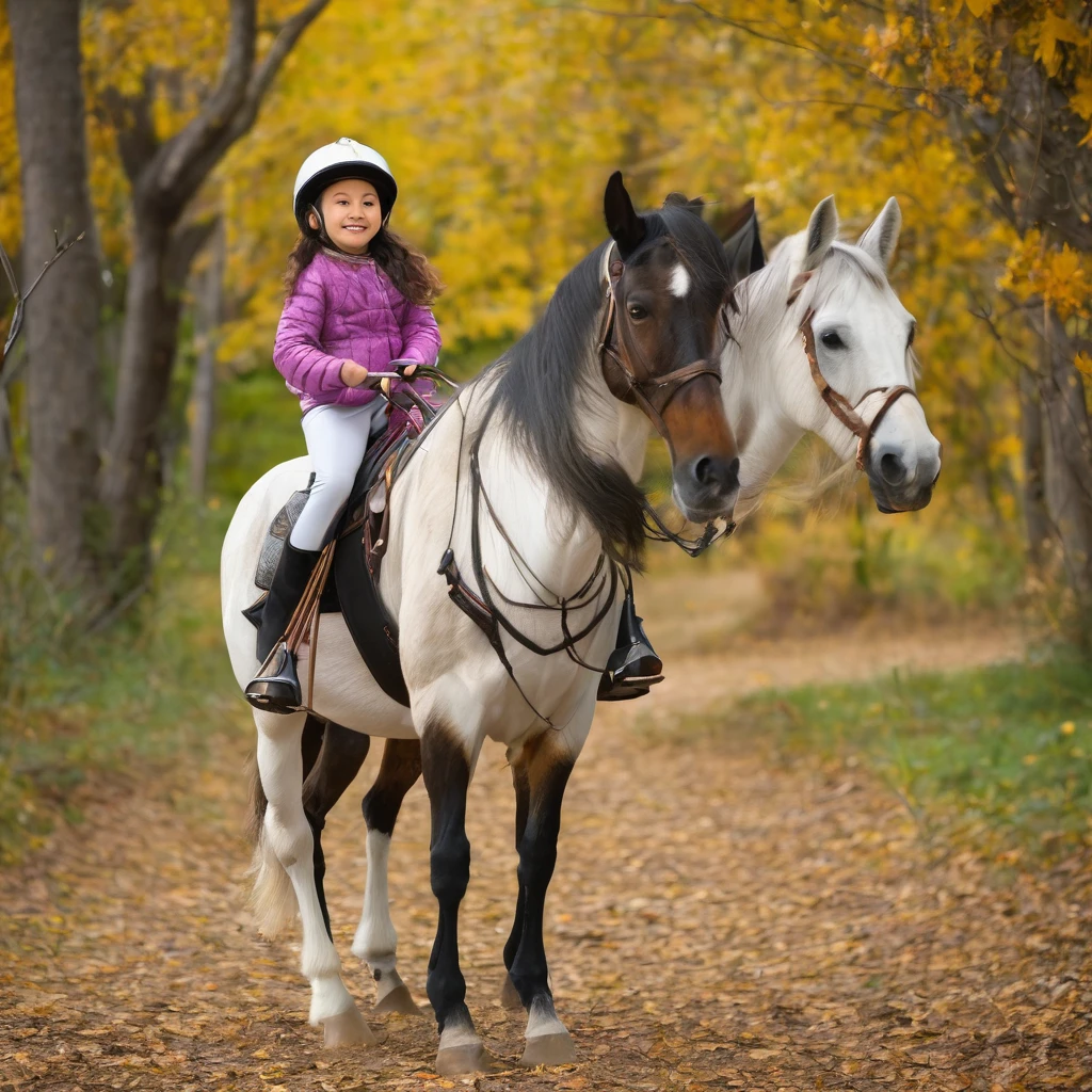 young girl riding a stick with a horse&#39;s head on the end