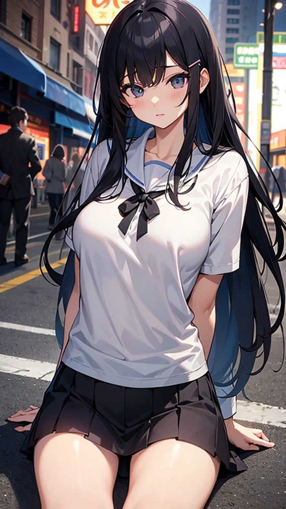 Night Park、high school girl、Prone、Normal position、Large Breasts、Black long hair、hairpin、Man behind、Penis near girl's crotch、Large Breasts、Guy near girl、Sex、Doggystyle、Creampie、nsfw