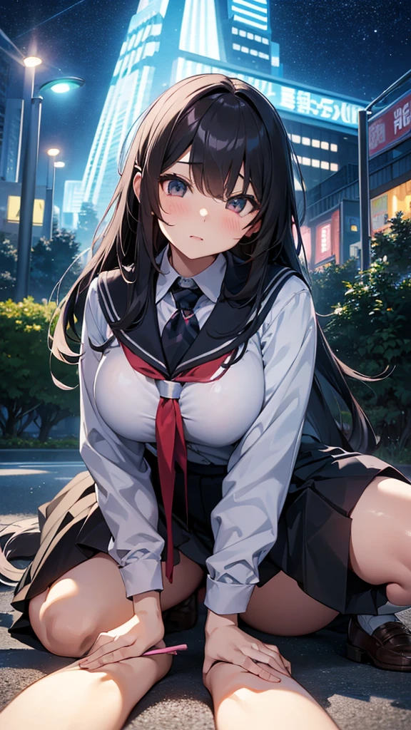 Night Park、high school girl、Prone、Normal position、Large Breasts、Black long hair、hairpin、Man behind、Penis near girl&#39;s crotch、Large Breasts、Guy near girl、Sex、Doggystyle、Creampie、nsfw