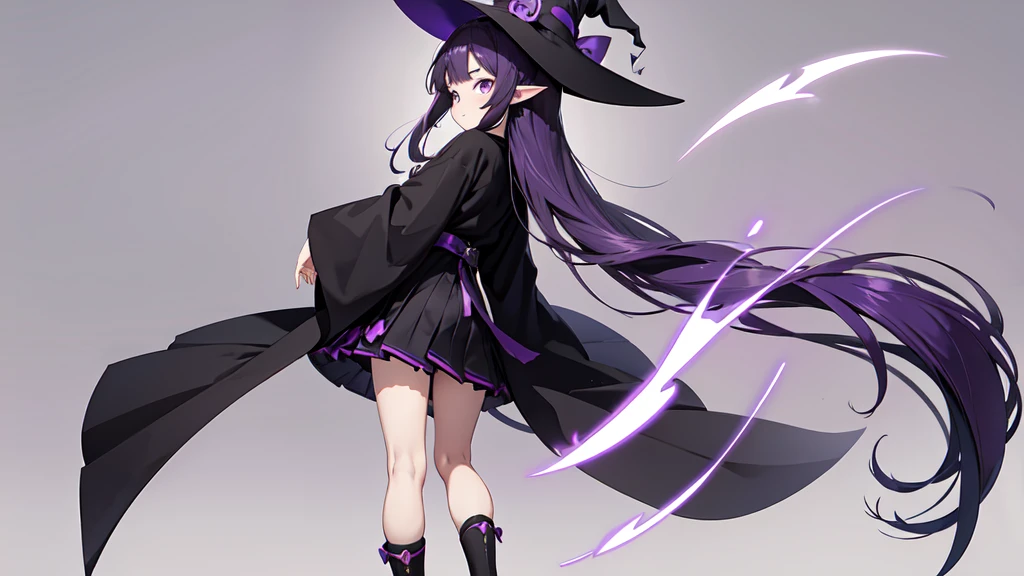 Anime girl with long purple hair and black robe. Witch hat. Pointy ears. Cute as a cartoon. Back view. Full body facing backwards. Her whole body is visible from her head to her feet. Skirt is short.