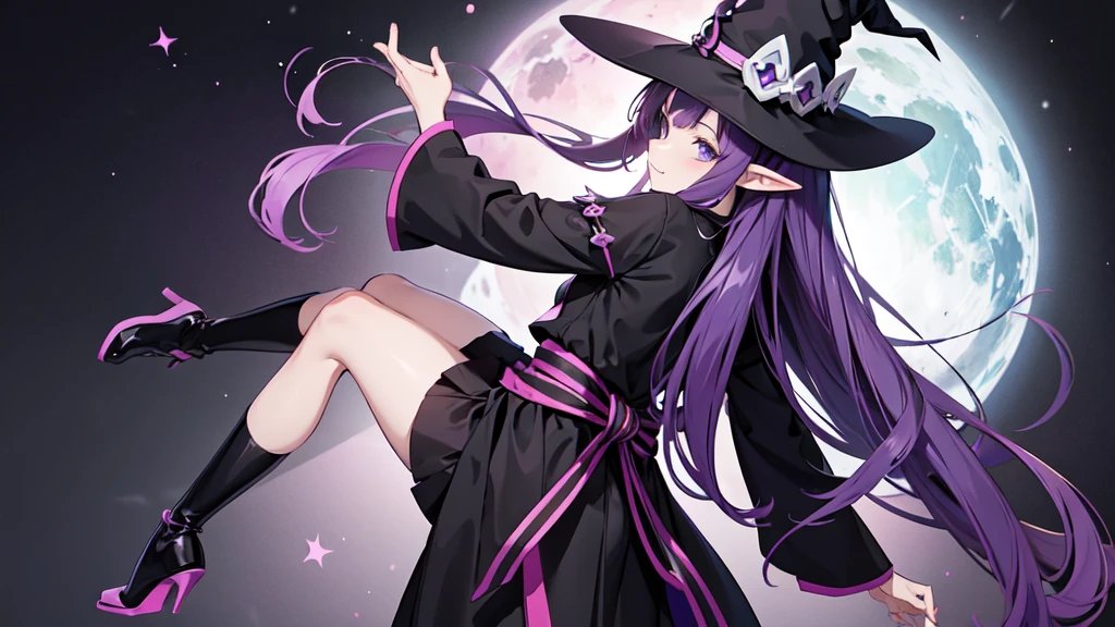 Anime girl with long purple hair and black robe. Witch hat. Pointy ears. Cute as a cartoon. Back view. Full body facing backwards. Her whole body is visible from her head to her feet. Skirt is short.
