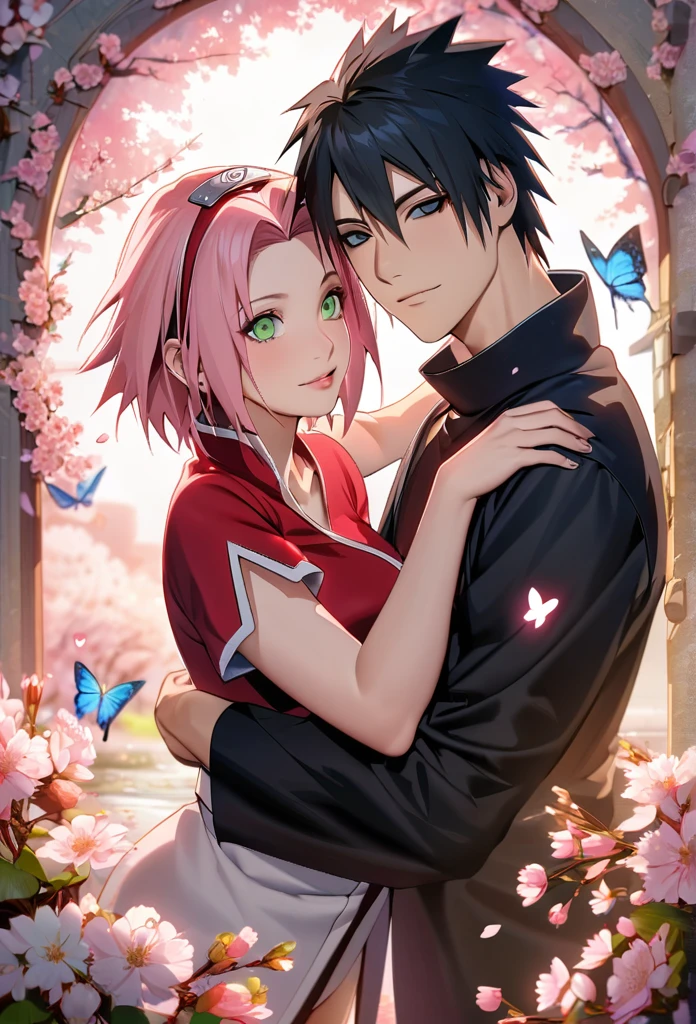 Ultra detailed, Highres, absurdres, HDR, Uchiha sasuke black hair, black eyes, Haruno Sakura, pink hair, green eyes, Naruto Shippuden, 1 man with 1 woman as a couple, petals, flowers, cherry blossoms, butterflies, handsome