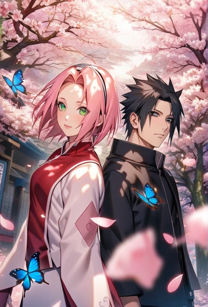 Ultra detailed, Highres, absurdres, HDR, master piece, Uzumaki Naruto, blond hair, expressive blue eyes, Haruno Sakura, pink short hair, expressive green eyes, Naruto Shippuden, a handsome man together with a beautiful woman, couple, love, extremely detailed eyes and face, water, pink flowers, blossoms, petals, sexy, fantasy, orange and red clothes, magic