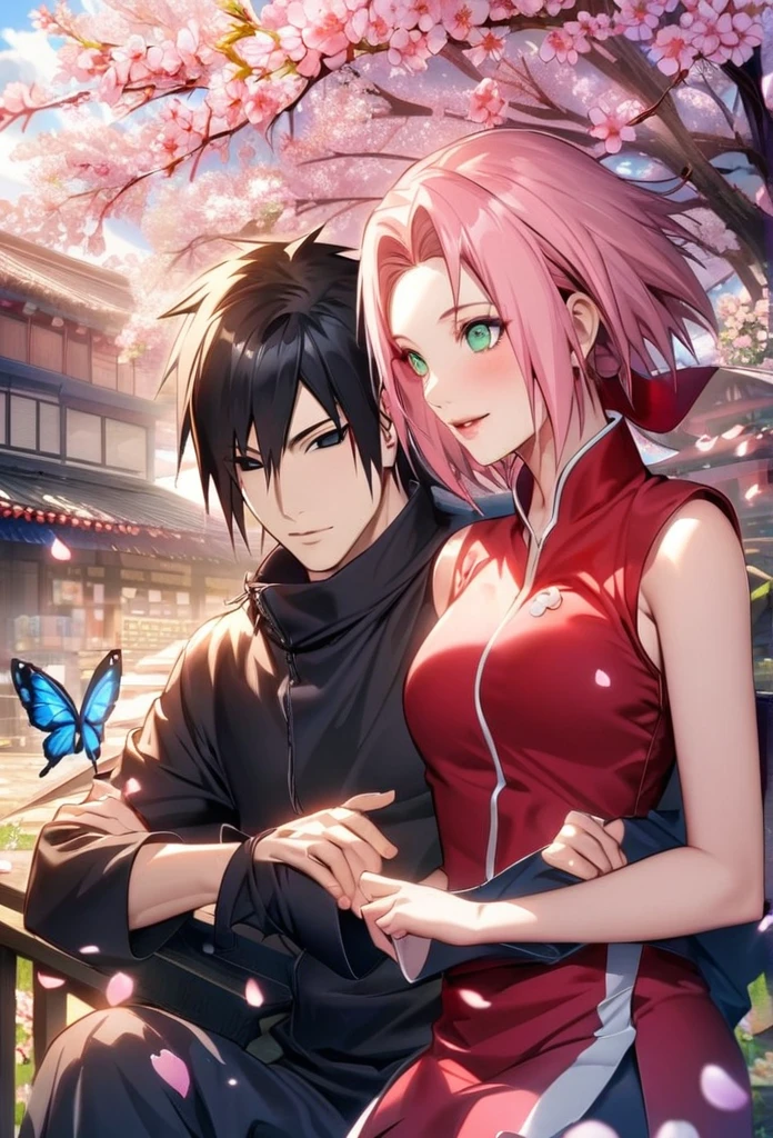 Sasusaku. Sasuke Uchiha, um homem pelado alto com cabelo preto, naked with hands on penis. Sakura, uma mulher pelada magra corpo perfeito, com cabelo rosa, is naked behind Sasuke. melhor qualidade, adorable, ultra-detalhado, illustration, complex, detalhado, extremely detalhado, detalhado face, luz suave, foco suave, rosto perfeito. apaixonado, illustration. duas pessoas, casal,