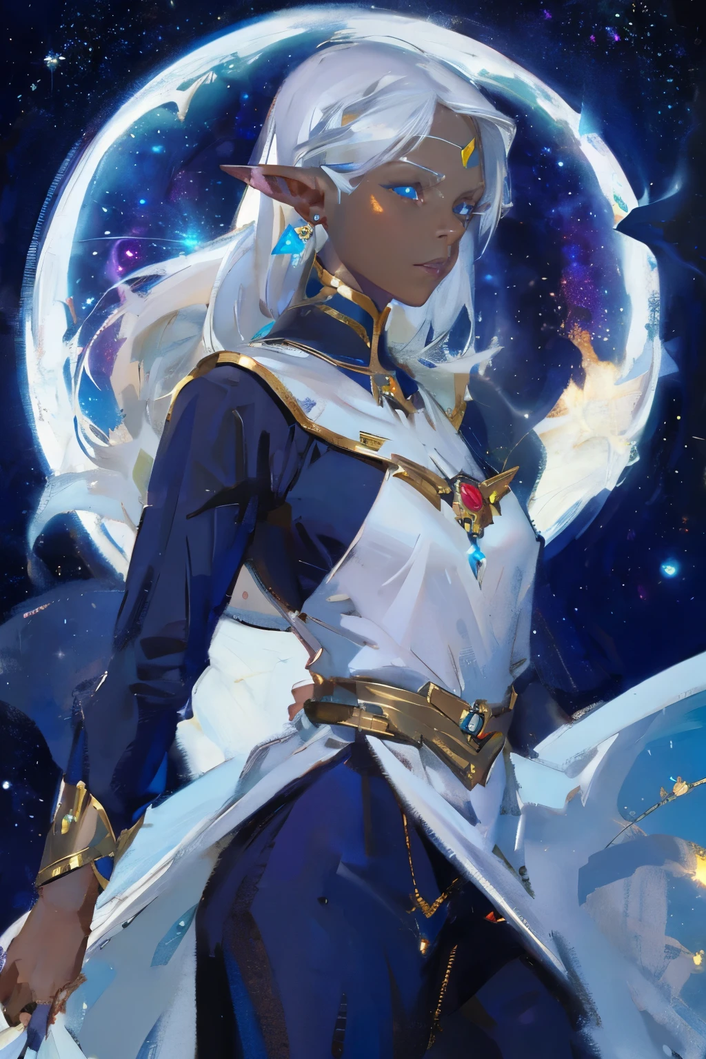 allura, blue eyes, white hair, pointed ears, dark skin, dark-skinned woman, mark on the face, elf, dark elf, jewelry, earrings, loose hair, outdoors, space, starry sky, galaxies, looks at the viewer, cowboy shot, solo, dutch angle,