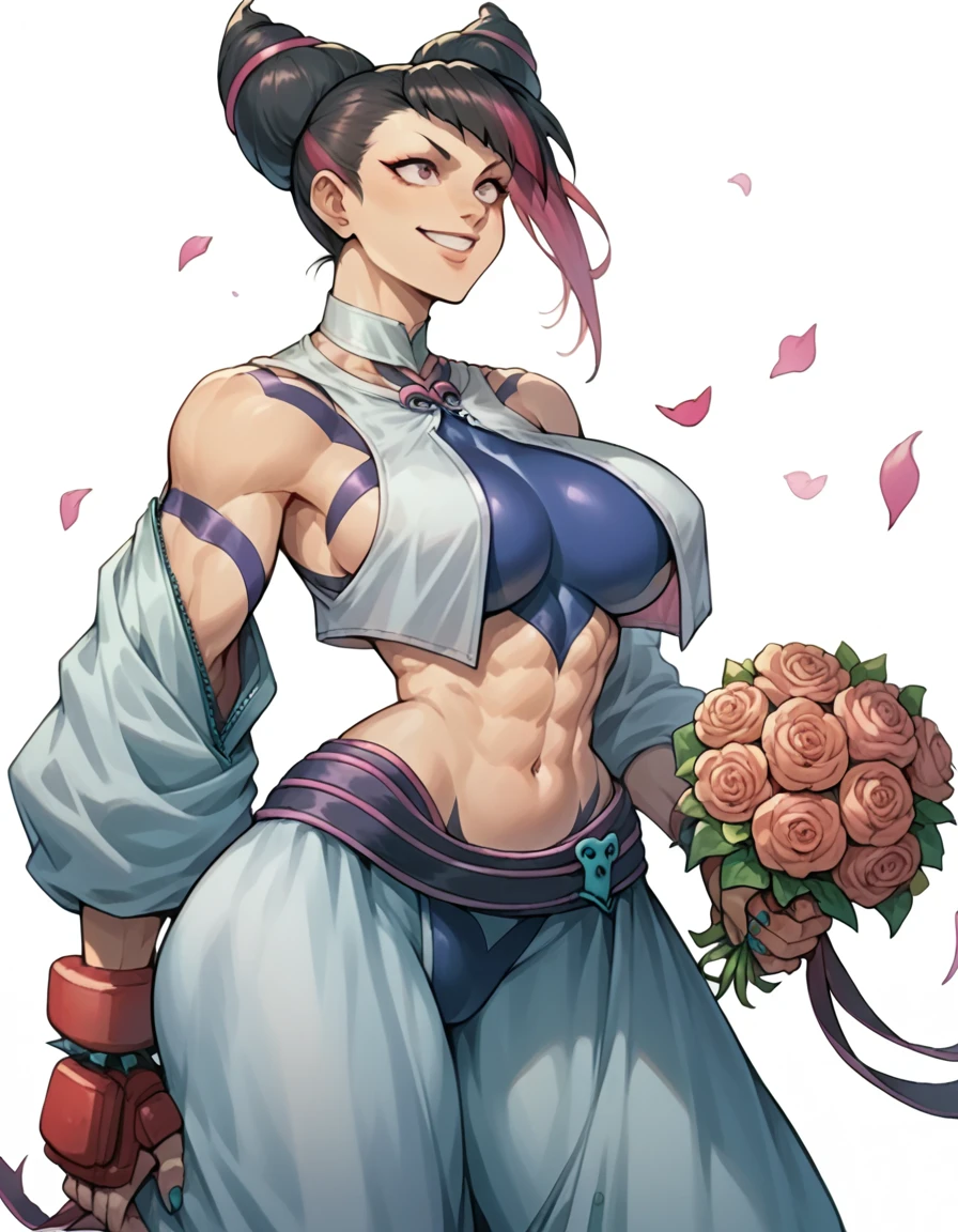 jury han (street fighter) , women, big breasts, small waist, big butt, wedding suit, wedding suit, wedding altar, holding a bouquet of flowers, alone, smiling, walked forward