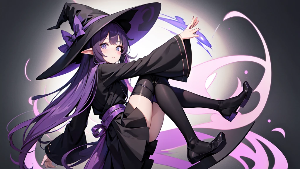 Anime girl with long purple hair and black robe. Witch hat. Pointy ears. Cute as a cartoon. Back view. Full body facing backwards. Her whole body is visible from her head to her feet. Skirt is short.