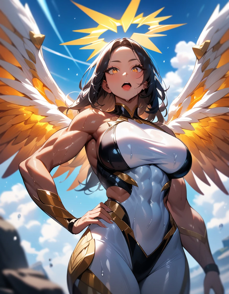 "There are (((beautiful girl 35 years old))) (((with wings and a golden armor))) (((transparent white miniskirt, with golden lace))), in a bolando between clouds, tight t-shirt, fantasy, with brown hair. ((Vagina remarked)). Note "even the smallest details of the image, especially the details of the eyes, Emphasizing realism. This official Unreal Art Wallpaper (8k) is a highly detailed, beautifully rendered, aesthetic masterpiece of the highest quality. The use of dynamic angles shows the elegance and romanticism of the image. This character has large breasts, ((No panties))". Stockings, tight transparent silk, super thin clothes, ((remarked vagina)), ((visible exposed nipples)) visible navel, open legs, ((remarked nipples)) ((transparent silk miniskirt)) ((blushing)) ((happy)) (big breasts) erotic pose.