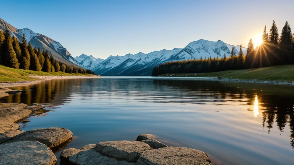 This photo depicts a peaceful landscape with the sun rising or setting near the horizon, radiates warm light. There is a calm body of water that reflects the sky and sun, surrounded by land with gentle slopes. On one side of the water body are snow-capped hills or mountains, while on the other side is green grass terrain that looks like a beach or riverbank. The calmness of the water and soft lighting create a peaceful atmosphere.