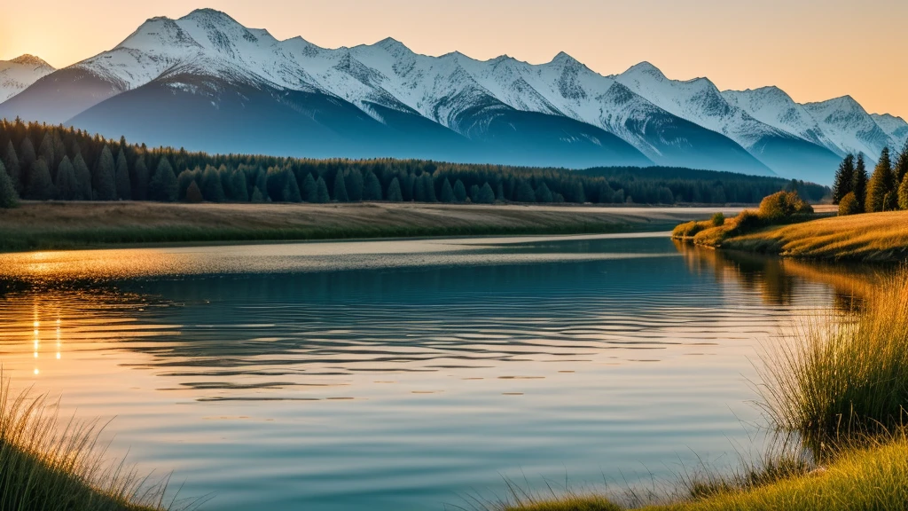 This photo depicts a peaceful landscape with the sun rising or setting near the horizon, radiates warm light. There is a calm body of water that reflects the sky and sun, surrounded by land with gentle slopes. On one side of the water body are snow-capped hills or mountains, while on the other side is green grass terrain that looks like a beach or riverbank. The calmness of the water and soft lighting create a peaceful atmosphere.