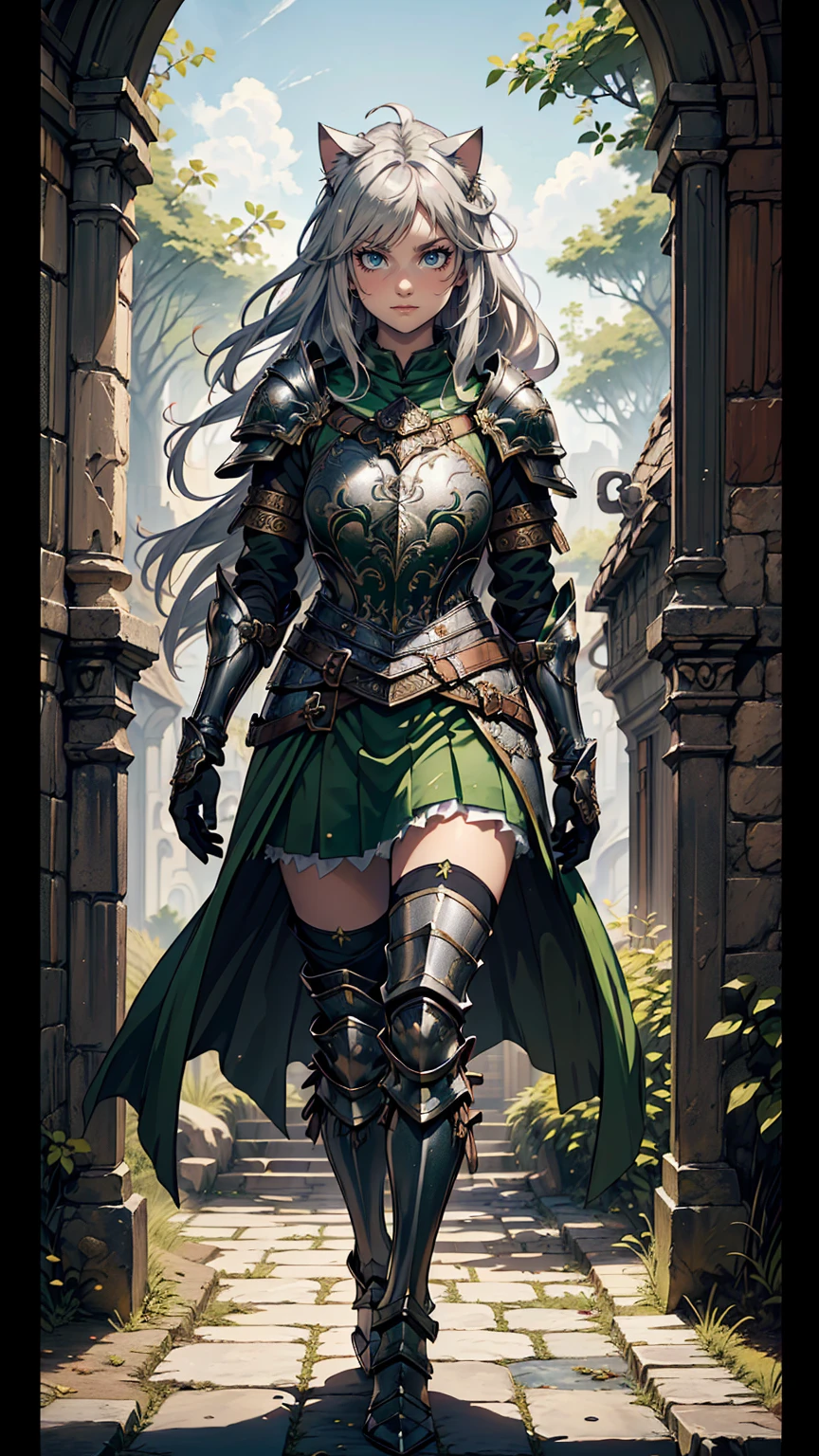 最high quality、Ultra High Definition, Ultra High Quality, Hyper Definition, Hyper Quality, Hyper Detailed, Extremely Detailed, Perfectly Detailed, Best image quality、masterpiece、anime woman((20-year-old、super dynamic pose , Green solid eyes, Silver long Hair, Disheveled Hair、Long White Hair, Glove、Green Skirt, Fantasy nature type Armor, Smirk, cheerful expression, charismatic, Detailed Cuirass , Dressed in Full Coverage Fantasy Plate Armor, leg armor, cat armored ears)),high quality、Beautiful art、background((Inside the mansion))、Written boundary depth、 movie、Visual Arts、Perfect art、8K,Genuine、