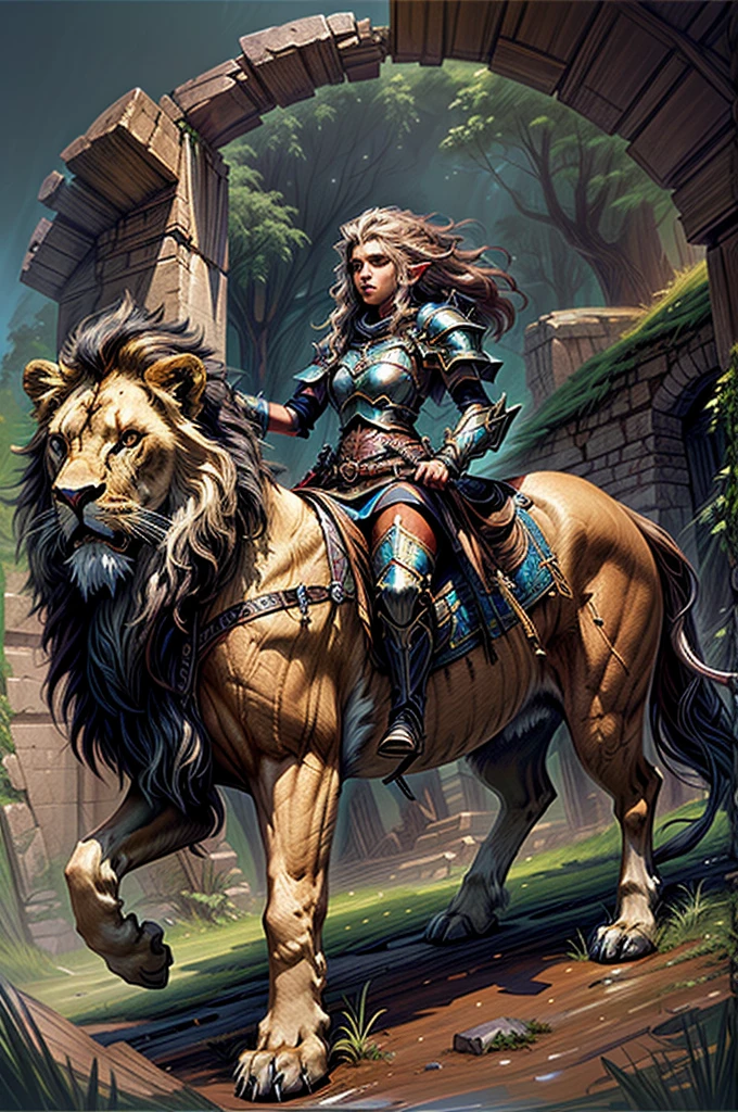 Masterpiece, Best quality, Ultra-detailed, illustration, epic lighting, Cinematic composition. fantasy, a elf paladin girl riding large long mane lion. oil painting