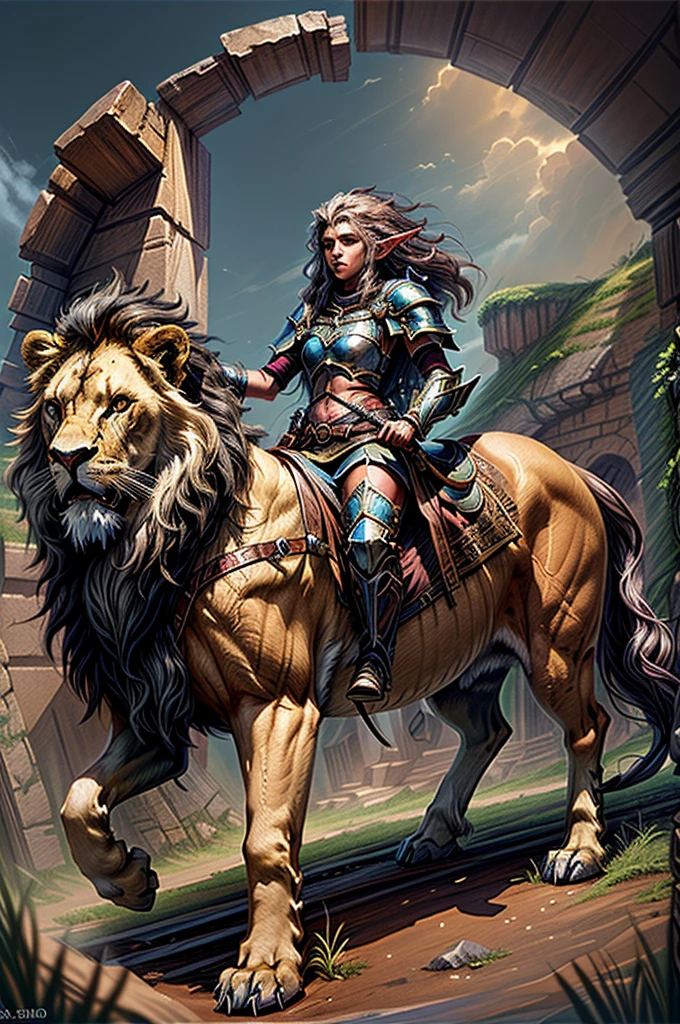 Masterpiece, Best quality, Ultra-detailed, illustration, epic lighting, Cinematic composition. fantasy, a elf paladin girl riding large long mane lion. oil painting