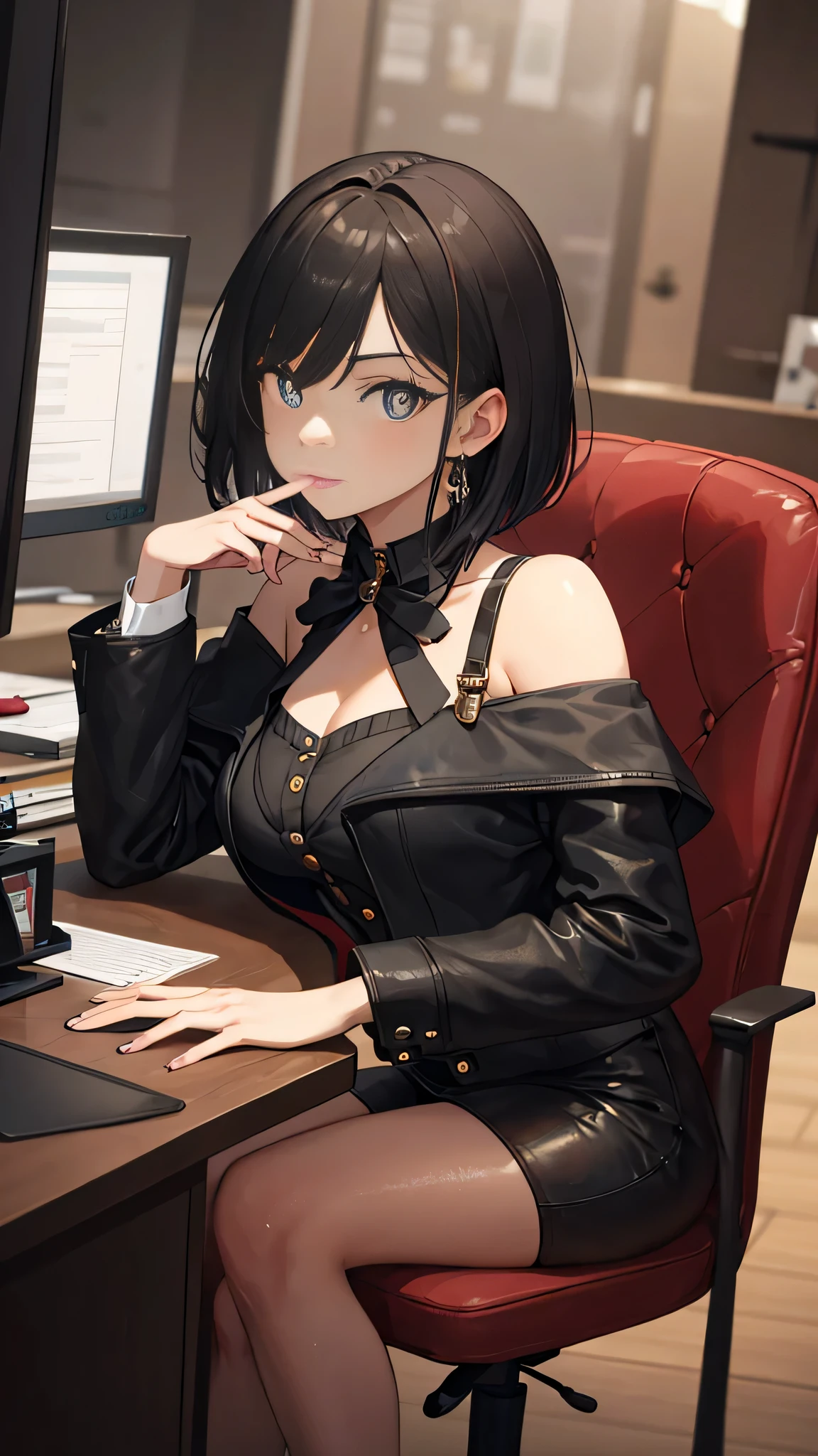 (1woman,Young female clerk,masterpiece,8k,bust,Best quality),Female clerk dressed in modern style,((Black short hair,White)),Sitting in a steampunk office,Perfect eyes,perfect pupils,Oil painting style,Thick coating,Thick lines,16K, Ultra HD, Retina, masterpiece, precise, Anatomically correct, best quality, high quality, Textured Skin,Correct finger,The right palm