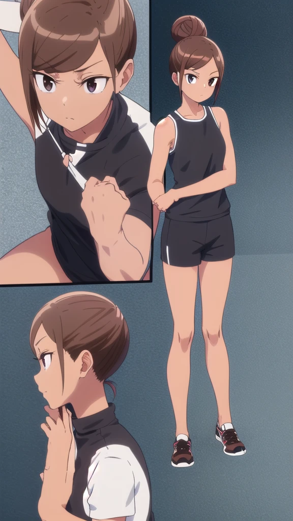 whole body,Low - Angle,One person,from the front,Are standing,looking at the camera,Ayaka Uehara, Ayaka Uehara, Brown Hair, hair ornaments, (Brown eyes:1.5), Hair Clip, Dark Skin, Hair Bun, Dark skinned women, single Hair Bun,whole body ,Are standing,break shirt, White shirt, shoes, Shorts, No sleeve, Black footwear, No sleeve shirt, black Shorts, Tank top, sneakers, break indoors, Gym, break looking at viewer, break (masterpiece:1.2), Highest quality, High resolution, unity 8k wallpaper, (figure:0.8), (Beautiful attention to detail:1.6), Highly detailed face, Perfect lighting, Highly detailed CG, (Perfect hands, Perfect Anatomy),
