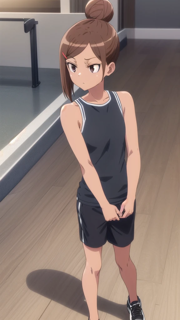 whole body,Low - Angle,One person,Ayaka Uehara, Ayaka Uehara, Brown Hair, hair ornaments, (Brown eyes:1.5), Hair Clip, Dark Skin, Hair Bun, Dark skinned women, single Hair Bun,whole body ,Are standing,break shirt, White shirt, shoes, Shorts, No sleeve, Black footwear, No sleeve shirt, black Shorts, Tank top, sneakers, break indoors, Gym, break looking at viewer, break (masterpiece:1.2), Highest quality, High resolution, unity 8k wallpaper, (figure:0.8), (Beautiful attention to detail:1.6), Highly detailed face, Perfect lighting, Highly detailed CG, (Perfect hands, Perfect Anatomy),Low - Angle