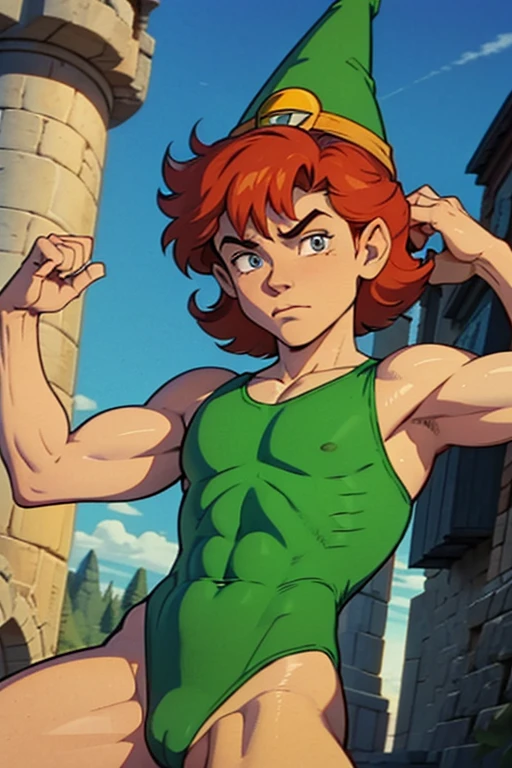 a redhead cartoon character dressed in a green leotard, very muscular, a  male wizard, 1980s cartoon, animated episode still, Presto (((mad))), ((Wears a wizard hat on his head))