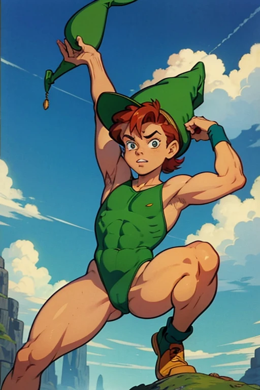 a redhead cartoon character dressed in a green leotard, very muscular, a  male wizard, 1980s cartoon, animated episode still, Presto (((mad))), ((Wears a wizard hat on his head))