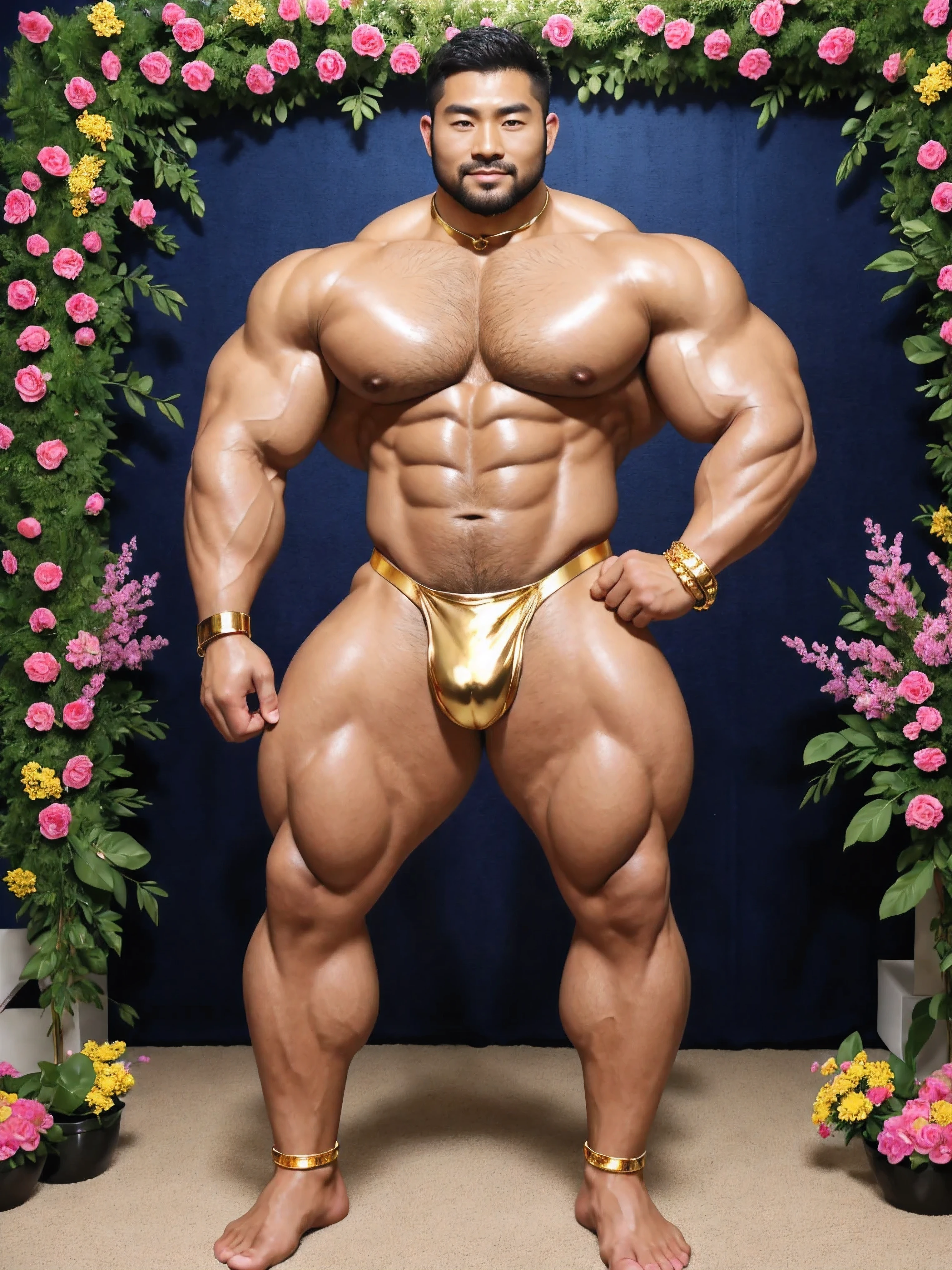 There is only one handsome Chinese man in the photo,35 years old,tall, Fitness,Smooth body,Smooth skin,No chest hair,short hair, O-Shaped Beard,Perfect body, Dark skin color,Radiant Skin,Smooth skin,Shiny, shiny skin,Smooth pectoral muscles,Muscle bulge, muscular, Very large pectoral muscles,Very sexy abdominal muscles,Very well-developed leg muscles,Huge concave and convex area,Brightens oily skin,Wearing a shiny gold leather thong,Handsome face,Normal human toes,Correct and accurate male body proportions,Gold Collar,Gold bracelet,Gold anklets,Stand among the flowers,The background is full of flowers。