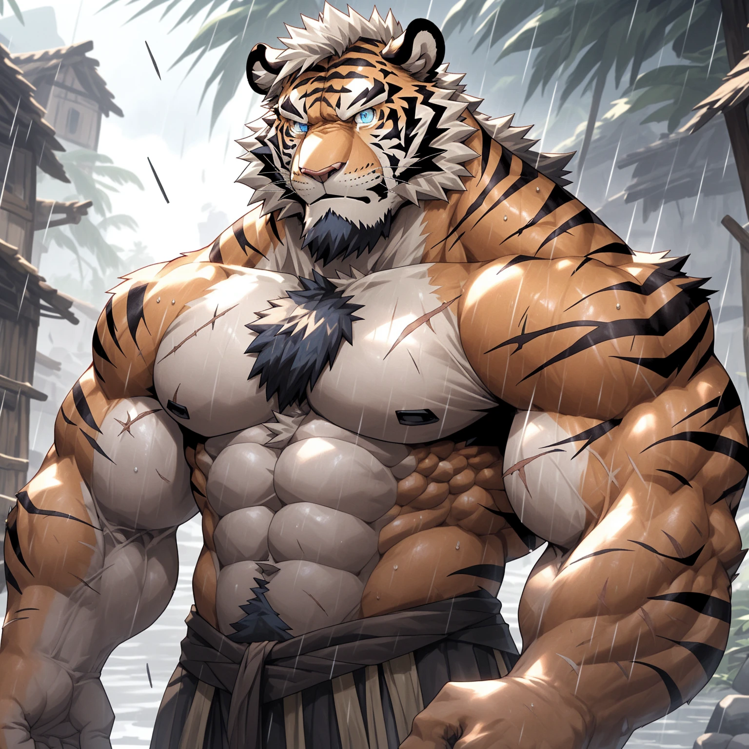 Solitary, anthropology, hairy, hairy male, Tiger, ((Fluffy fur, Fluffy, hairy body)), (Tiger印), (short beard), youth, muscular, White, Big muscles, Golden pupils, de-tailed teeth, defaced face, Fundos, Pectoralis major, White shorts, small lump, pink tit clusters, Soak in the lake water, Partially submerged, One hand raised to touch the head, Shy expression, A faint smile, blush, Golden pupils, (Look up at the audience), Clear facial features, Strong, (Side top view:1.4), majestic, solitary, Full body image, Fog atmosphere, Sweating legs, lake, wild plants, (through empty ghost, From tiger26, masterpiece, high quality, high resolution,8k), permanent, Full body portrait, outdoor
