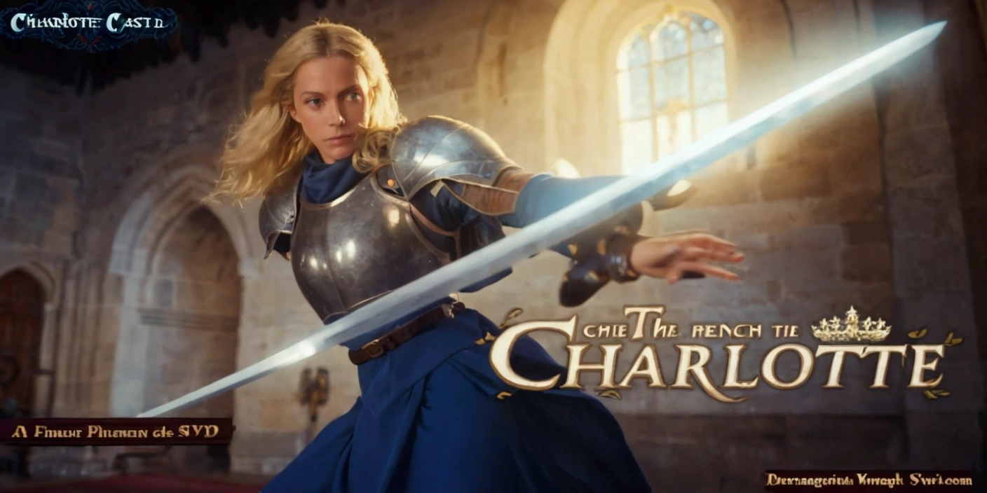 close up image of a blonde woman in blue dress wearing a belt a armor holding a sword indoors in a french castle,Charlotte,charlotte character art