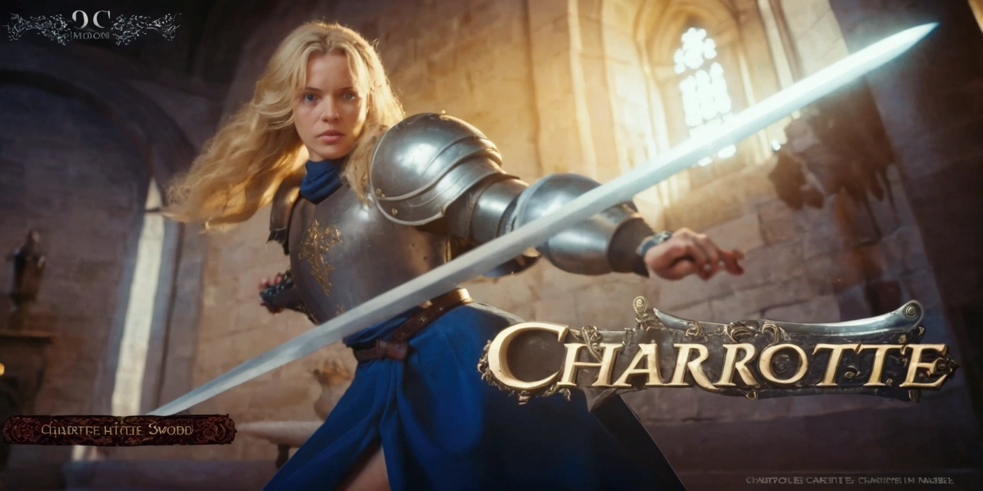 close up image of a blonde woman in blue dress wearing a belt a armor holding a sword indoors in a french castle,Charlotte,charlotte character art