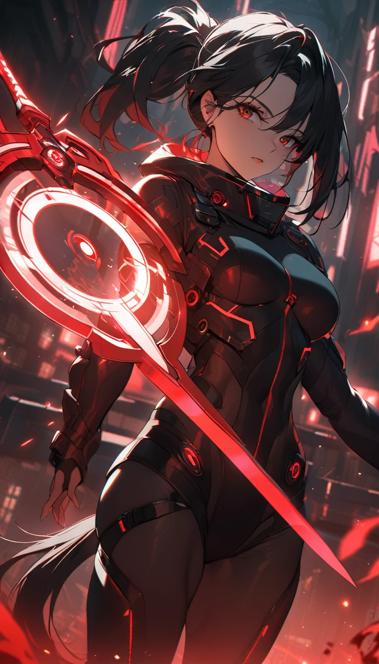 A woman,matured, perfect ???????,wearing a full face cyberpunk mask,long pony tail hair(black hair),red aura,red magic circle,long demon blade with eyes on it, cinematic lighting, cinematic angle,